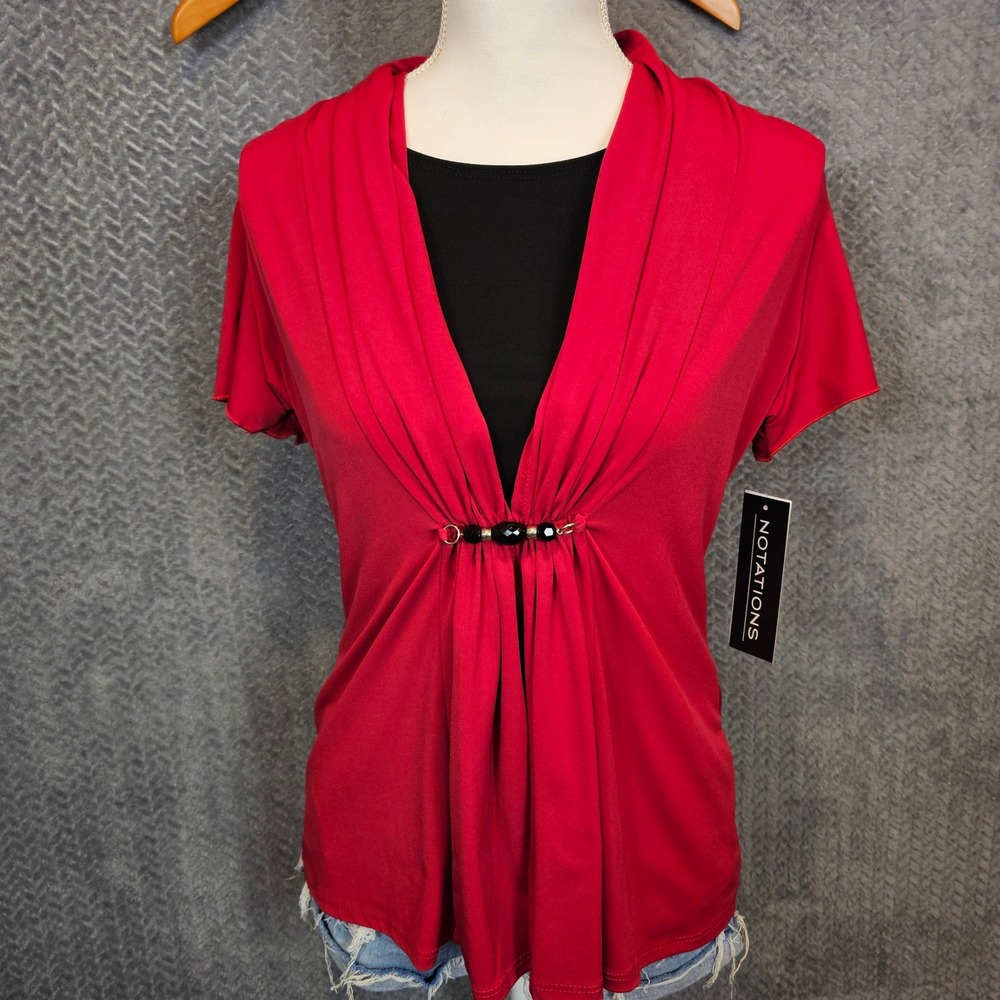 Notations Womens Red Layered Look Beaded Draped Top Short Sleeve Size M MITF0989